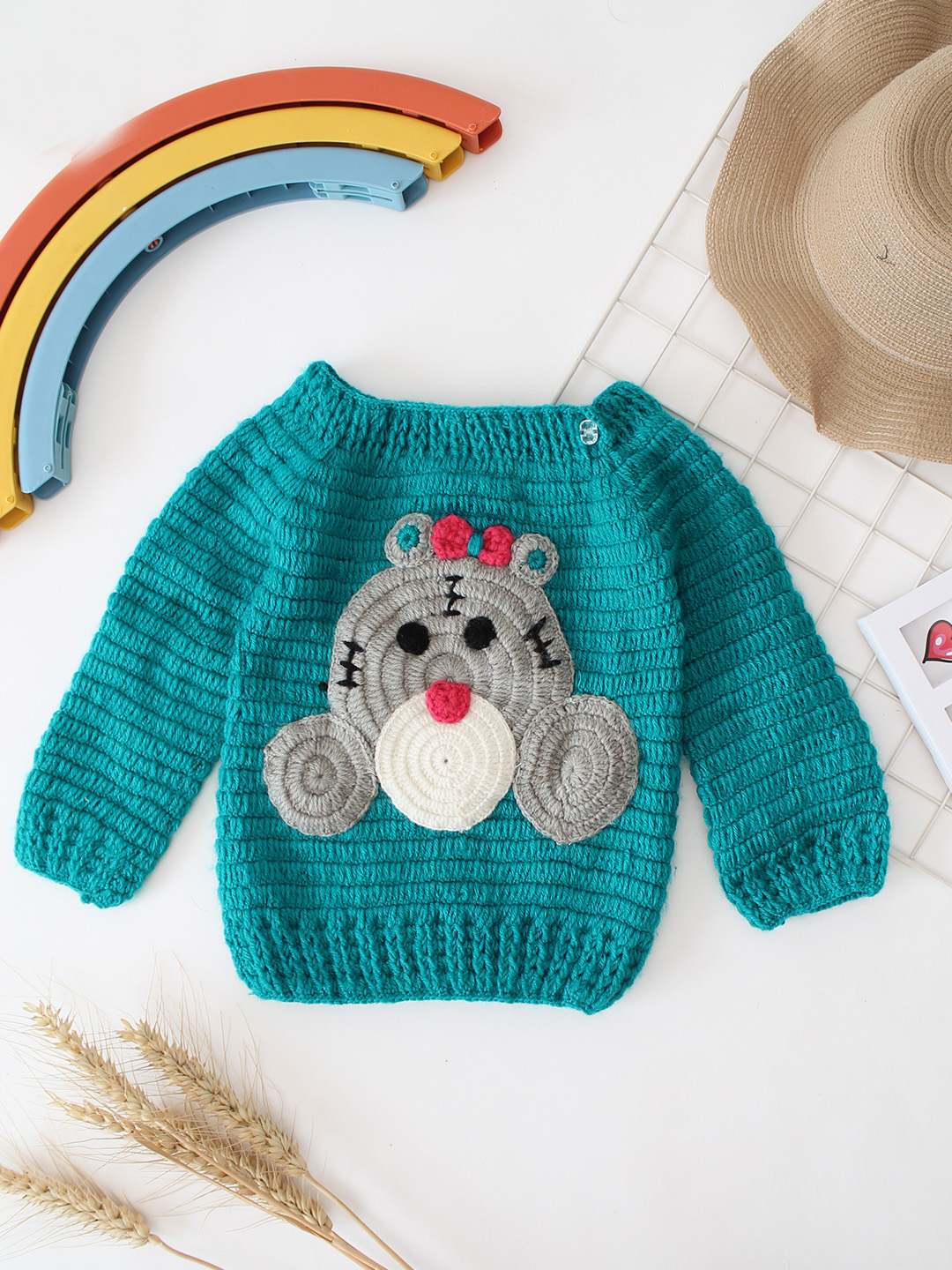 Woonie Crochet Bear Applique Sweater - Green