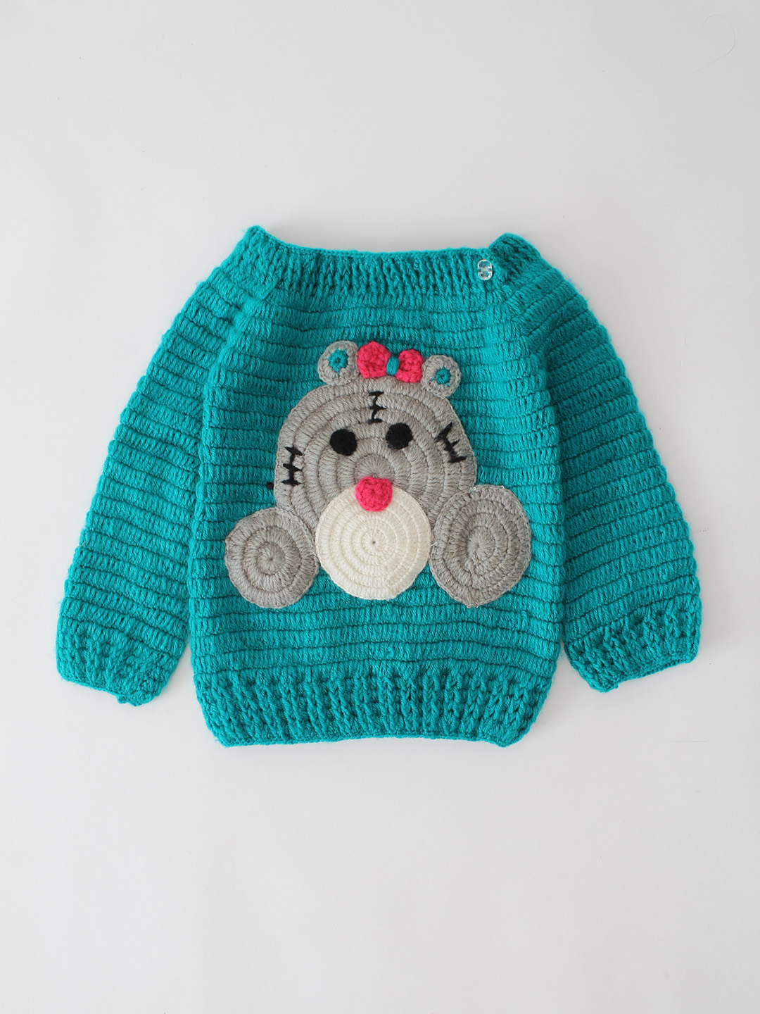 Woonie Crochet Bear Applique Sweater - Green