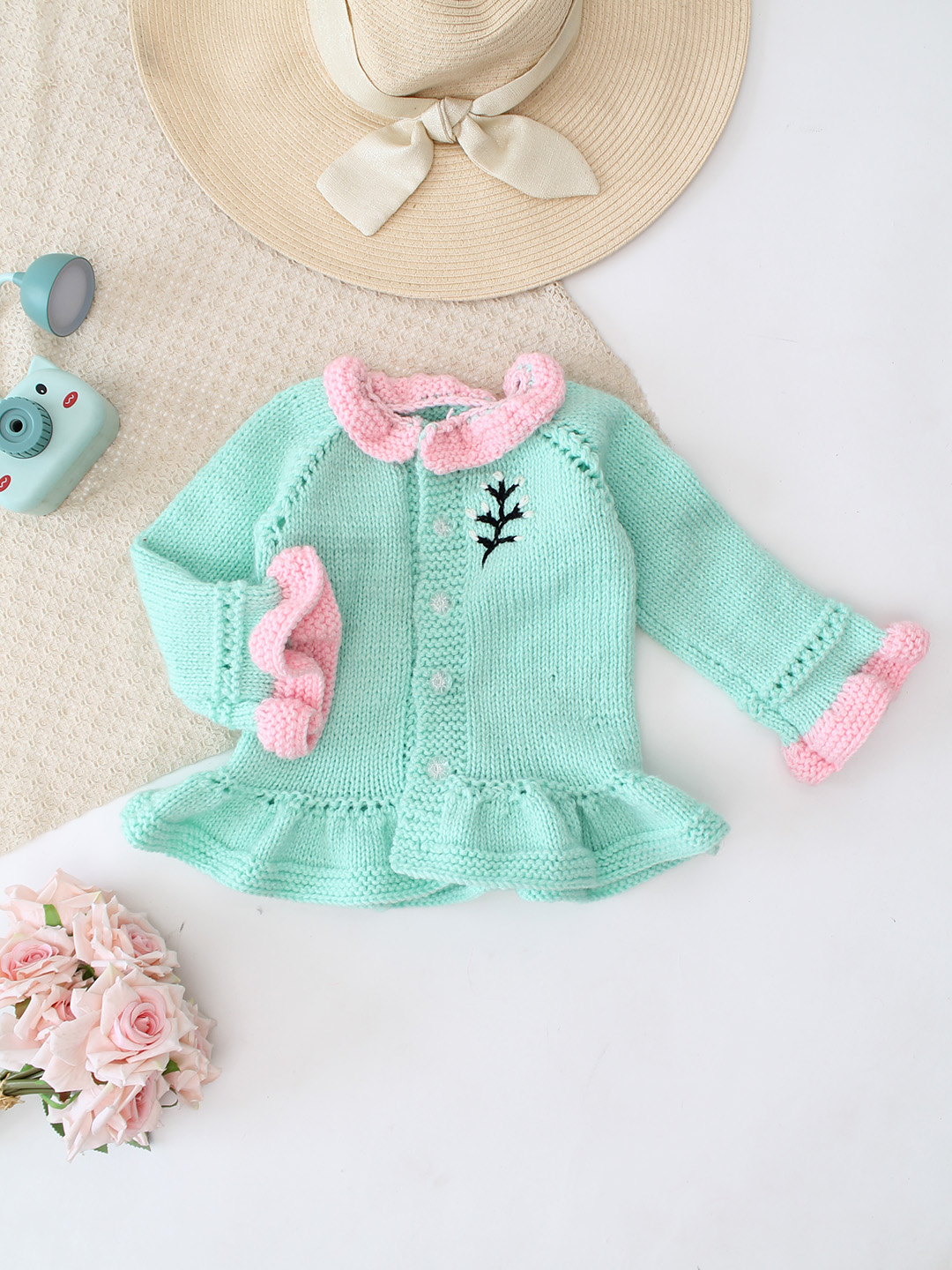 Woonie Handknitted Frilled Sleeve Cardigan - Green