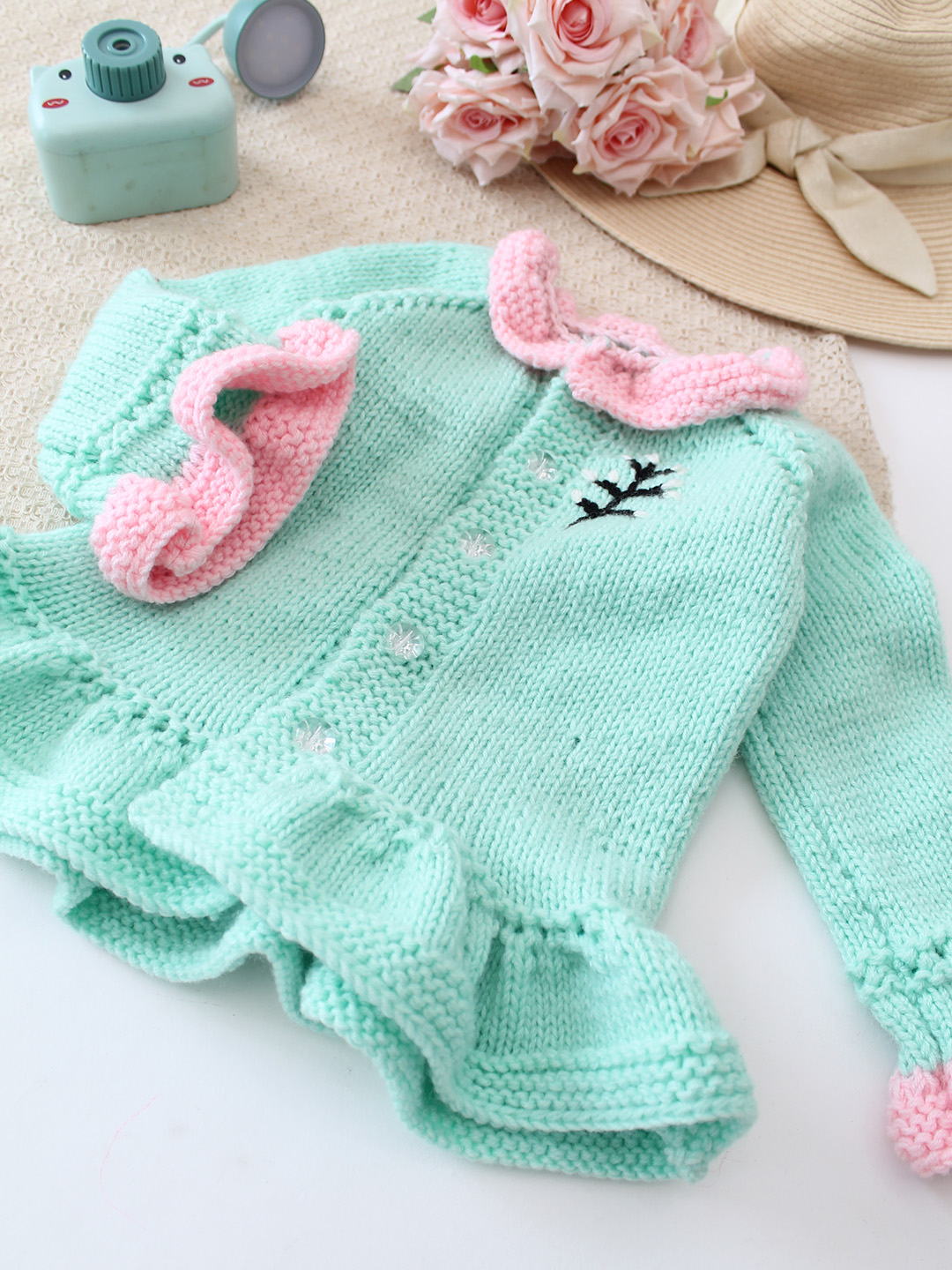 Woonie Handknitted Frilled Sleeve Cardigan - Green