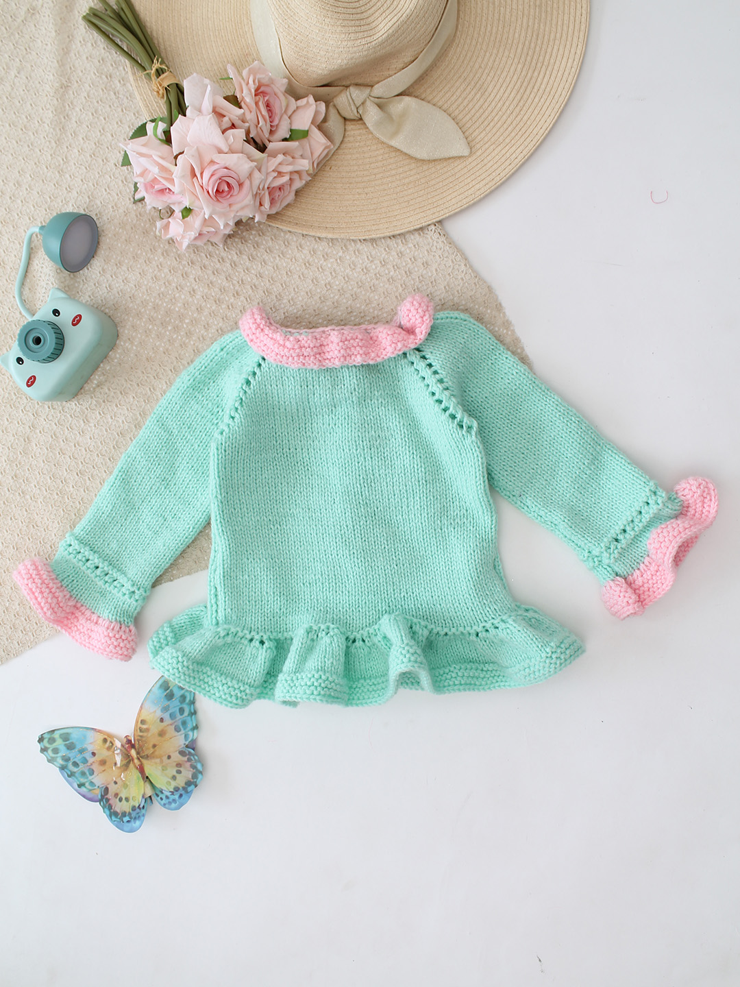 Woonie Handknitted Frilled Sleeve Cardigan - Green