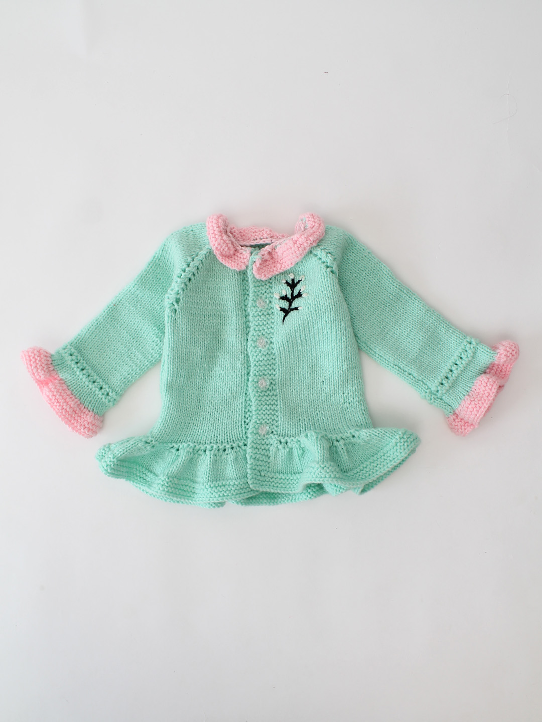 Woonie Handknitted Frilled Sleeve Cardigan - Green