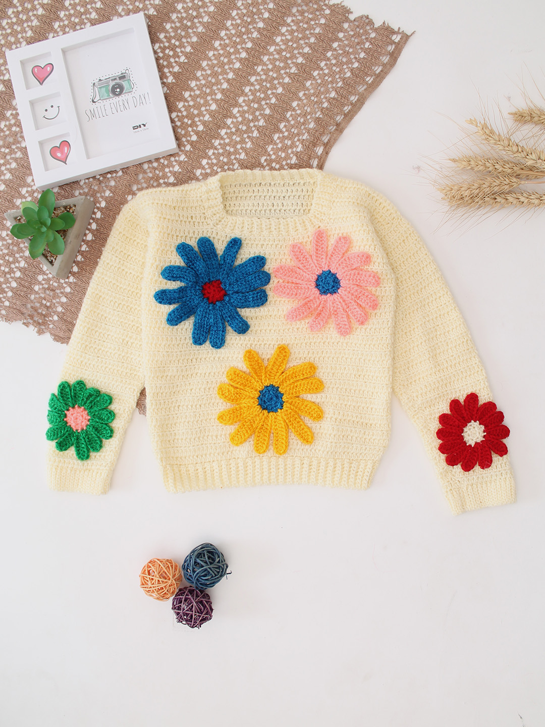 Woonie Crochet Floral Applique Pullover - Cream