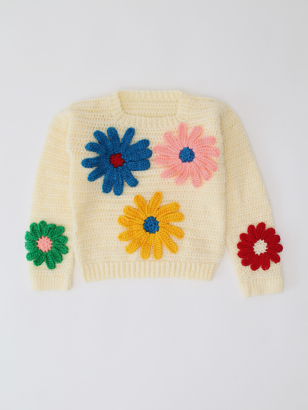 Woonie Crochet Floral Applique Pullover - Cream