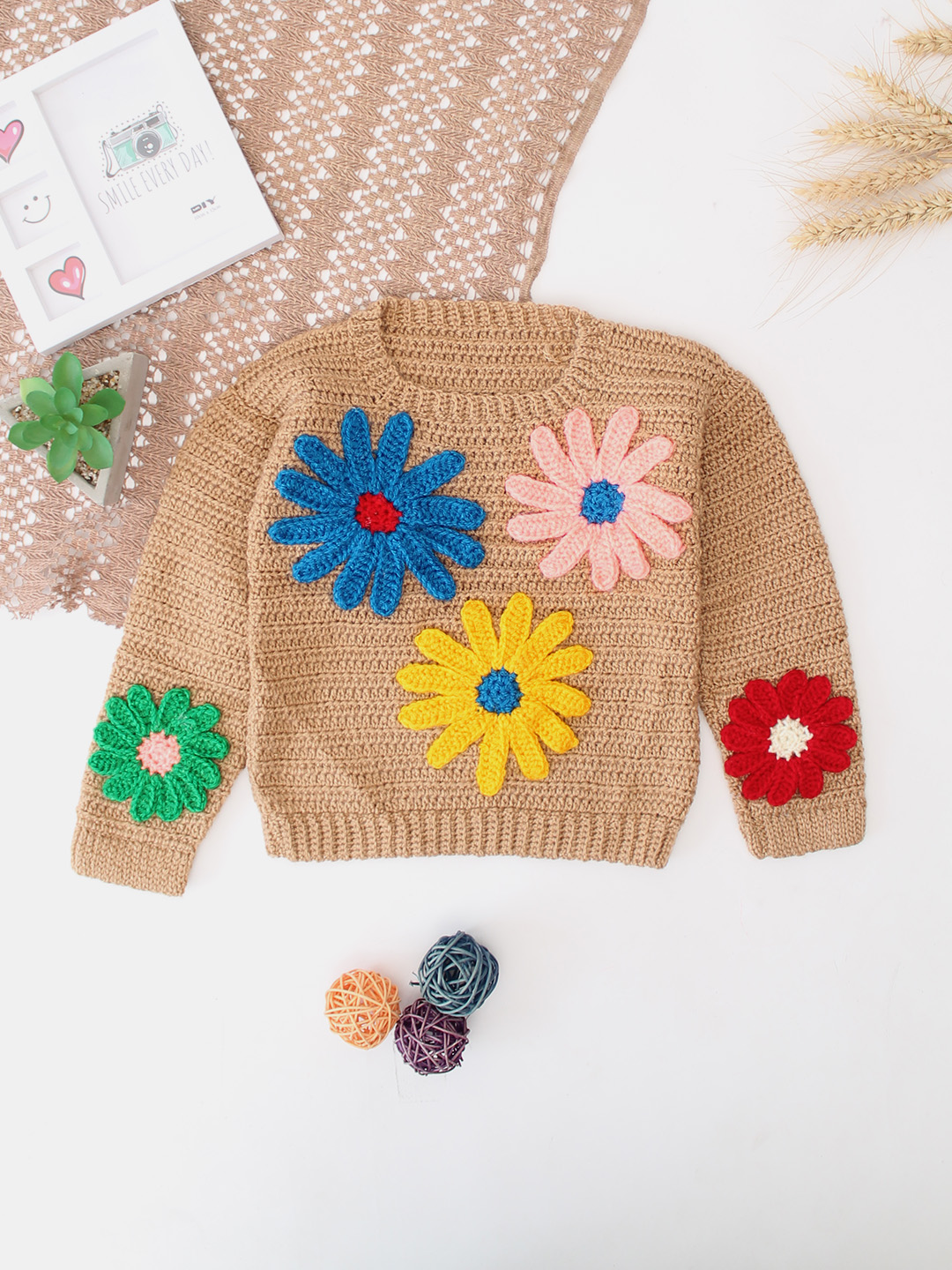 Woonie Crochet Floral Applique Pullover - Beige