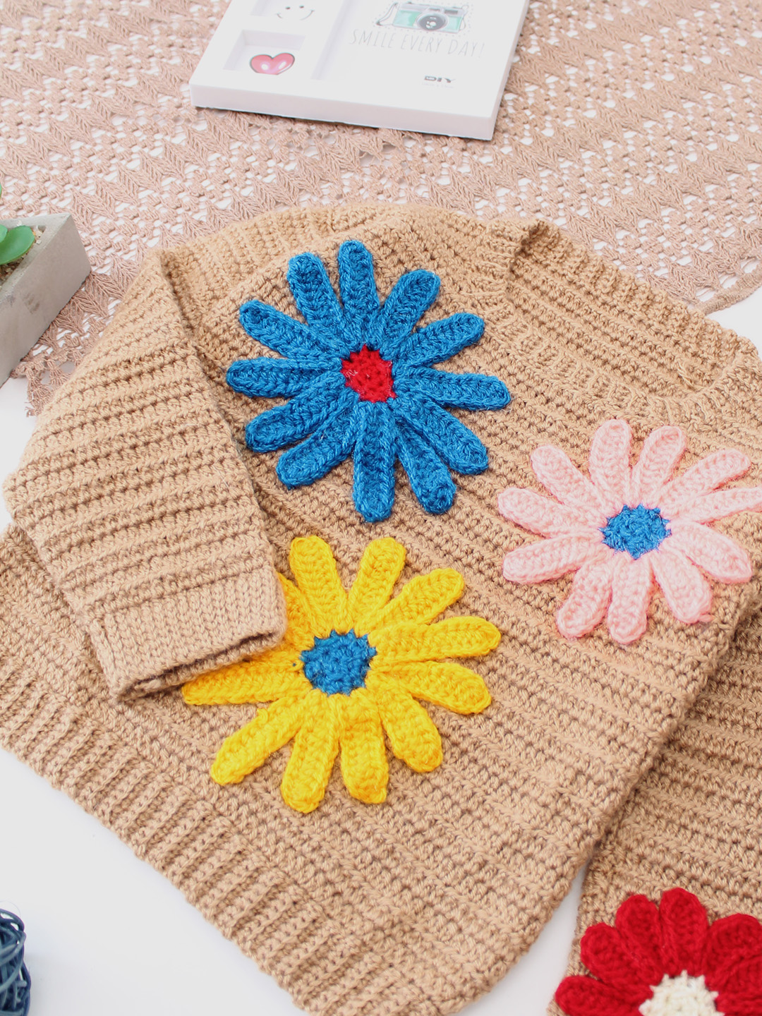 Woonie Crochet Floral Applique Pullover - Beige
