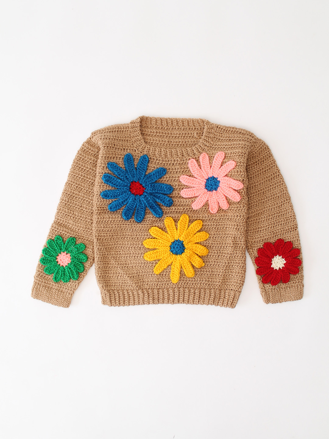 Woonie Crochet Floral Applique Pullover - Beige
