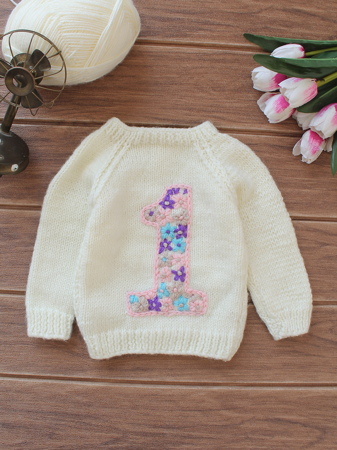 Woonie Handknitted Numeric 1 Text Embroidered Pullover - Cream
