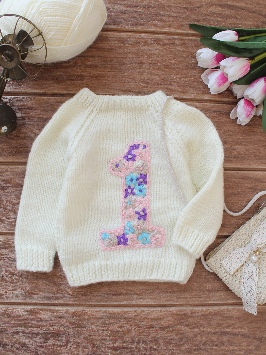 Woonie Handknitted Numeric 1 Text Embroidered Pullover - Cream