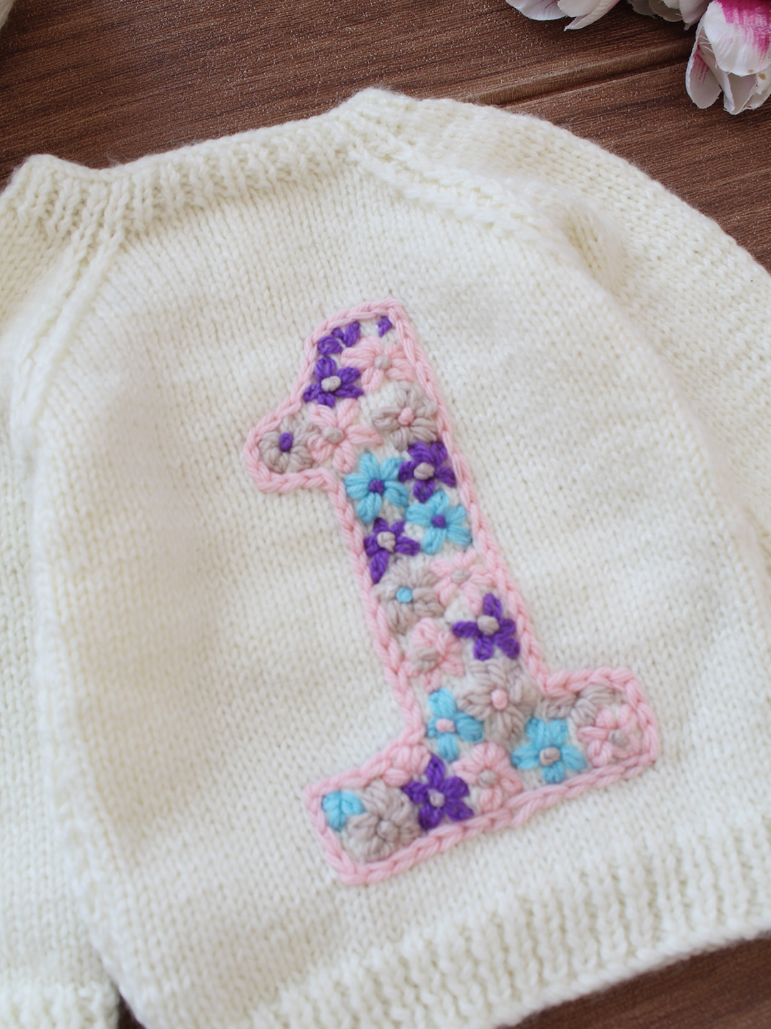 Woonie Handknitted Numeric 1 Text Embroidered Pullover - Cream