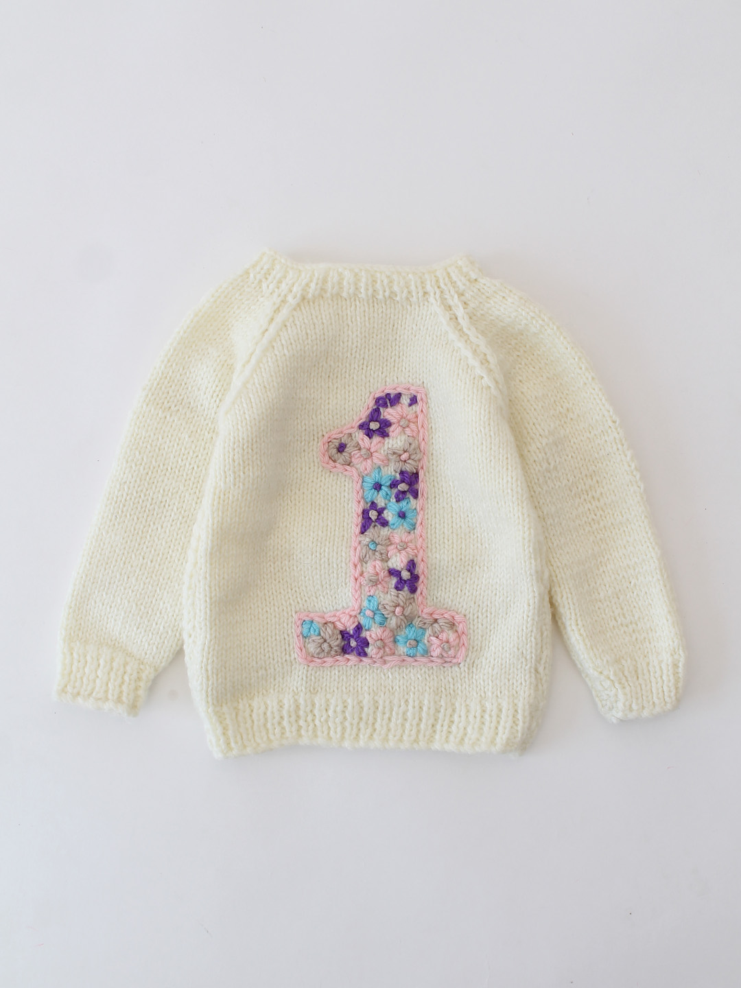 Woonie Handknitted Numeric 1 Text Embroidered Pullover - Cream