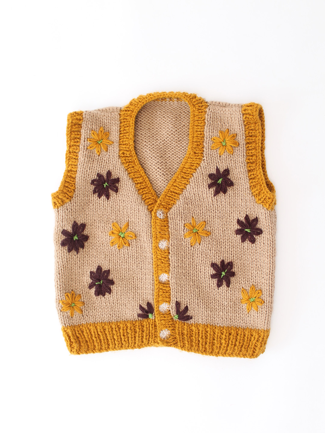 Woonie Handknitted Floral Embroidered Sweater Vest - Beige