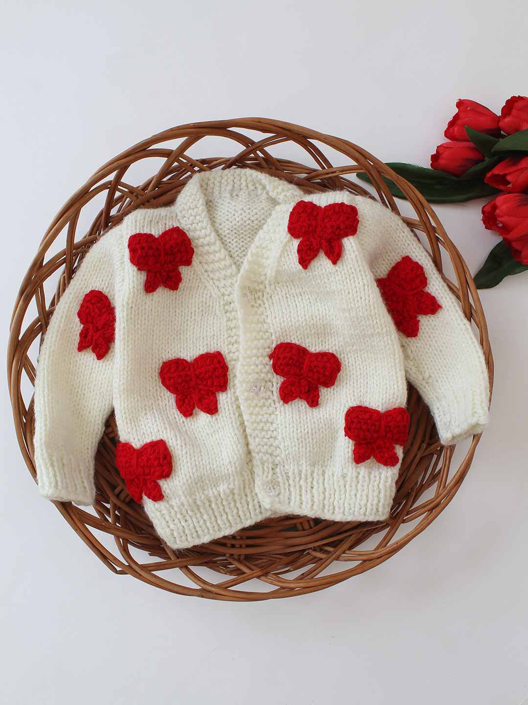 Woonie Handknitted Bow Applique Cardigan - Cream