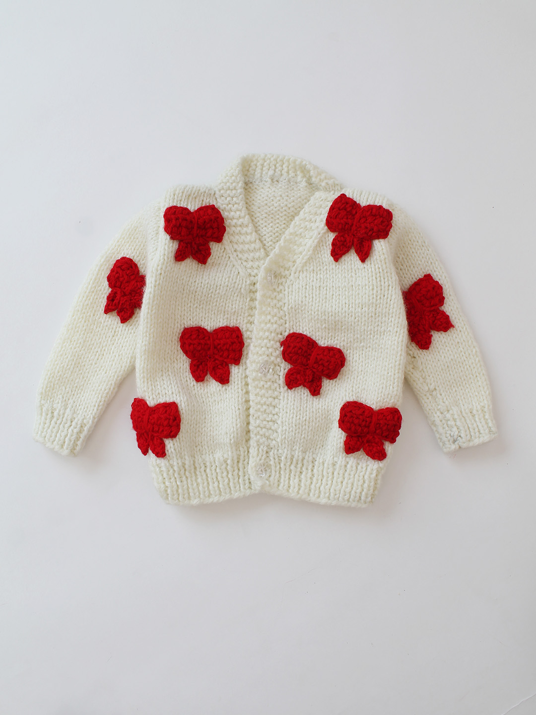 Woonie Handknitted Bow Applique Cardigan - Cream