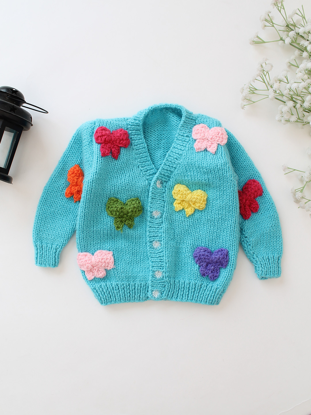 Woonie Handknitted Bow Applique Cardigan - Blue