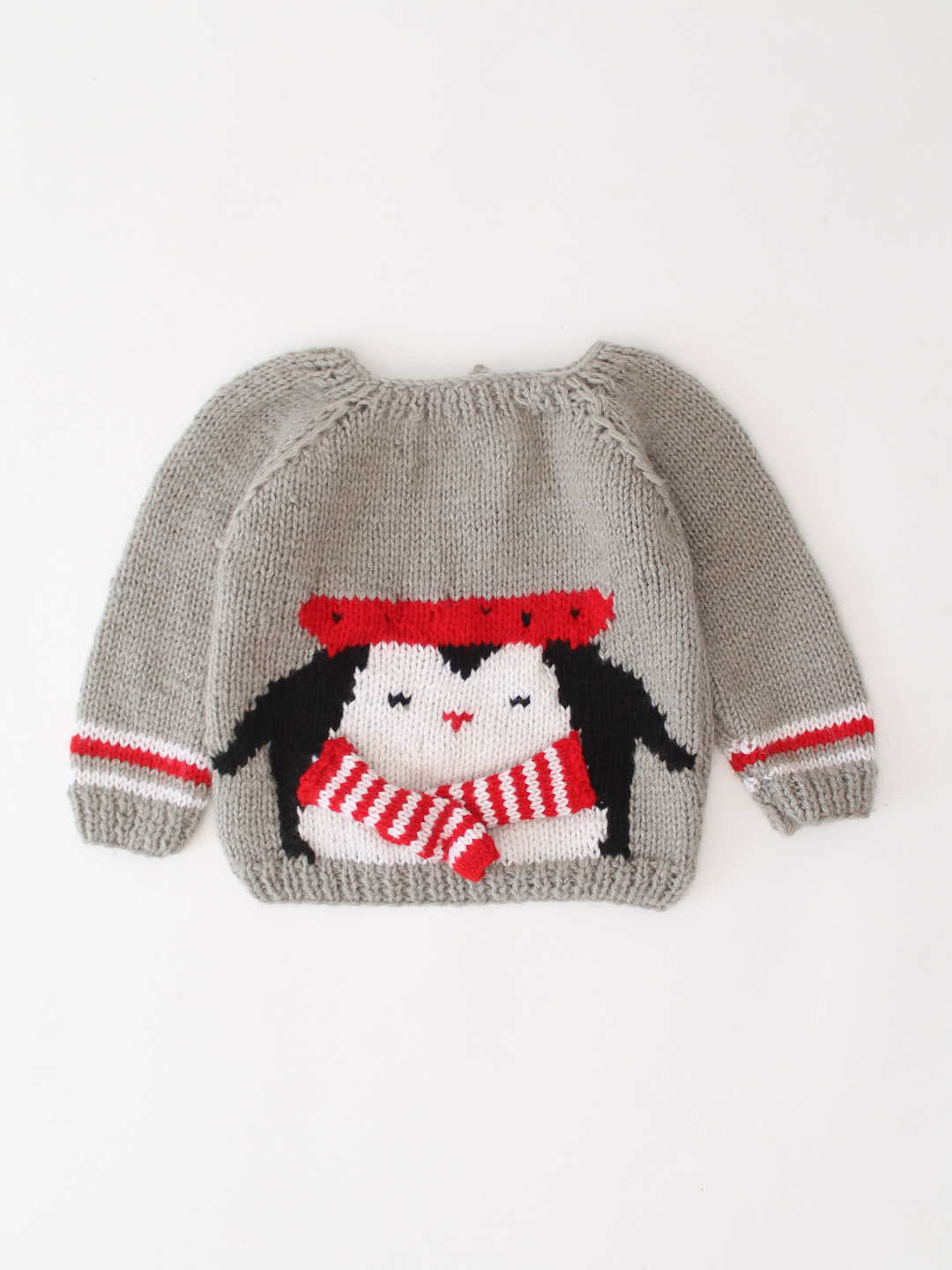 Woonie Handknitted Penguin Design Intarsia Sweater - Grey