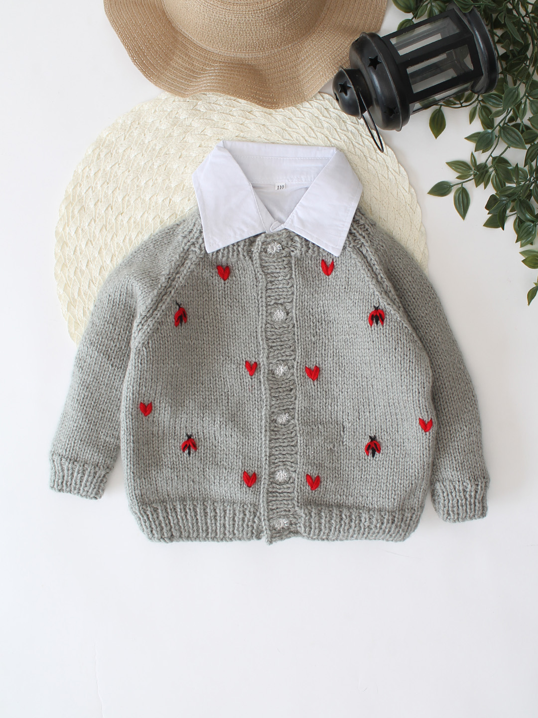 Woonie Handknitted Bee Design Sweater - Grey