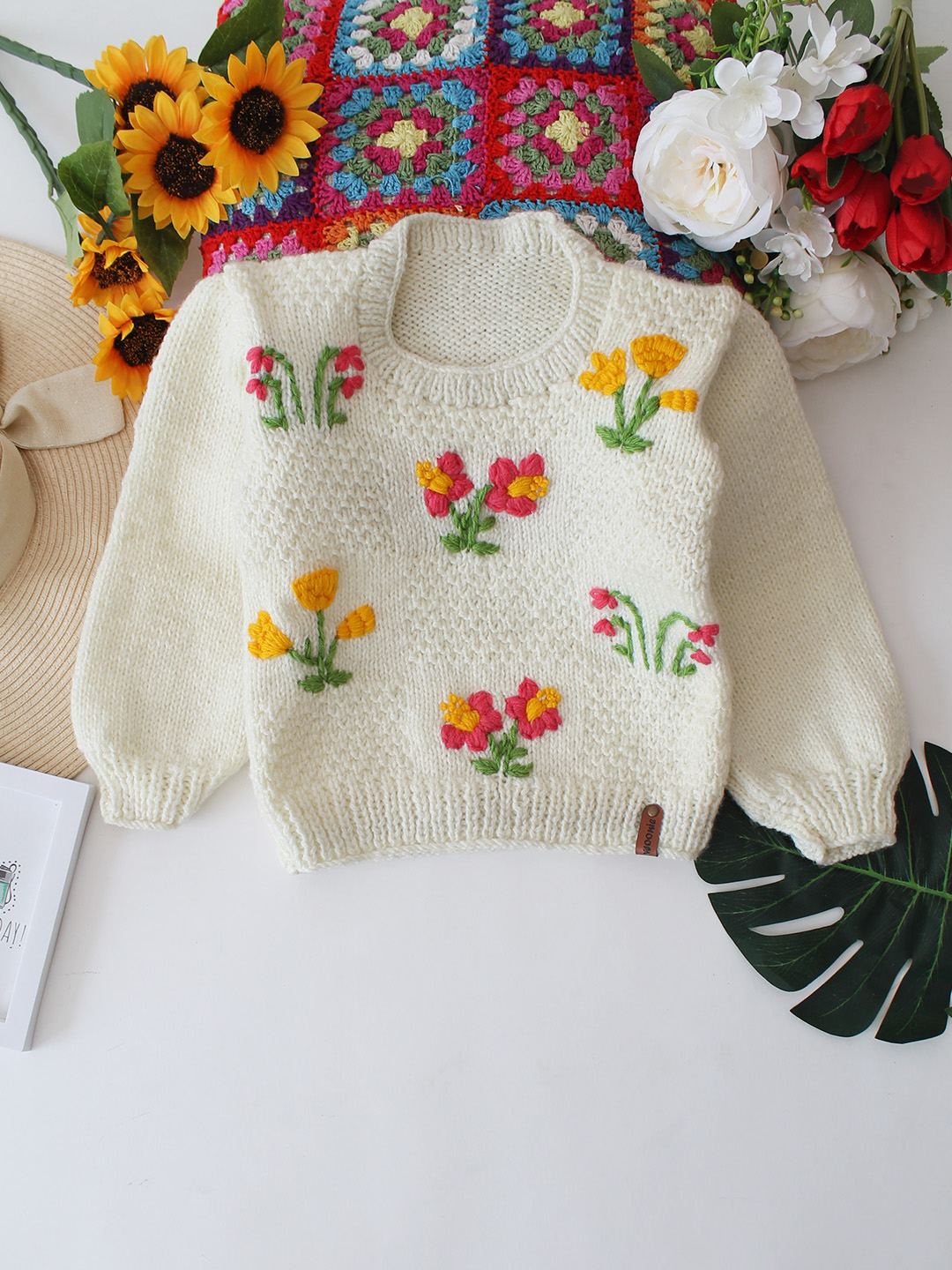 Woonie Handknitted Floral Bunches Embroidered Sweater - Cream