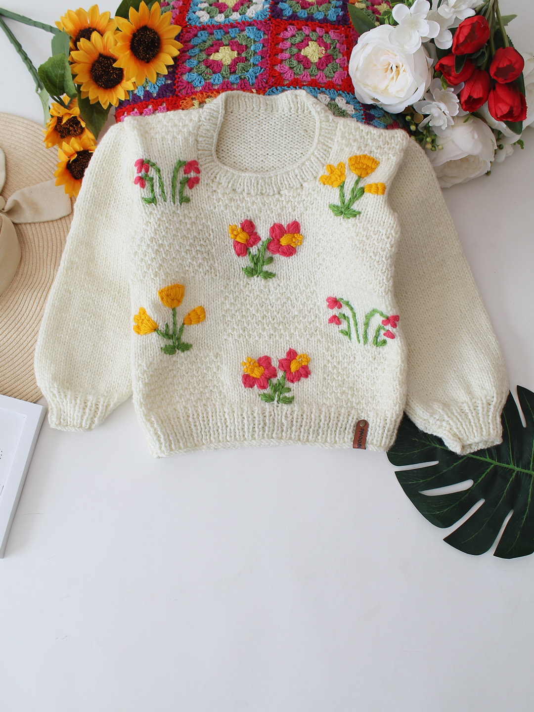 Woonie Handknitted Floral Bunches Embroidered Sweater - Cream