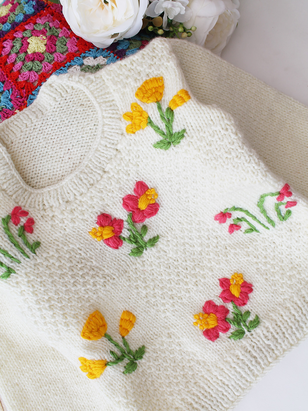 Woonie Handknitted Floral Bunches Embroidered Sweater - Cream