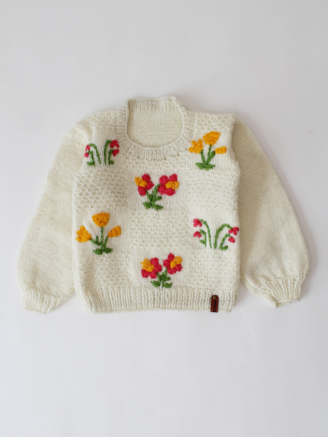 Woonie Handknitted Floral Bunches Embroidered Sweater - Cream