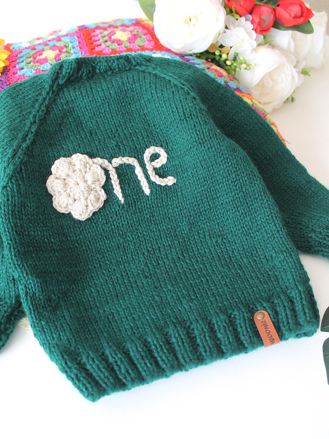 Woonie Handknitted One text Embroidered Sweater - Green