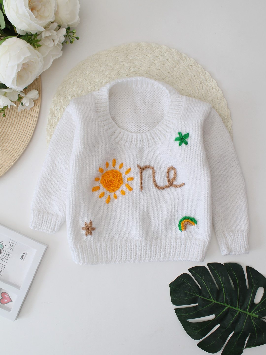 Woonie Handknitted One text Embroidered Sweater - Cream