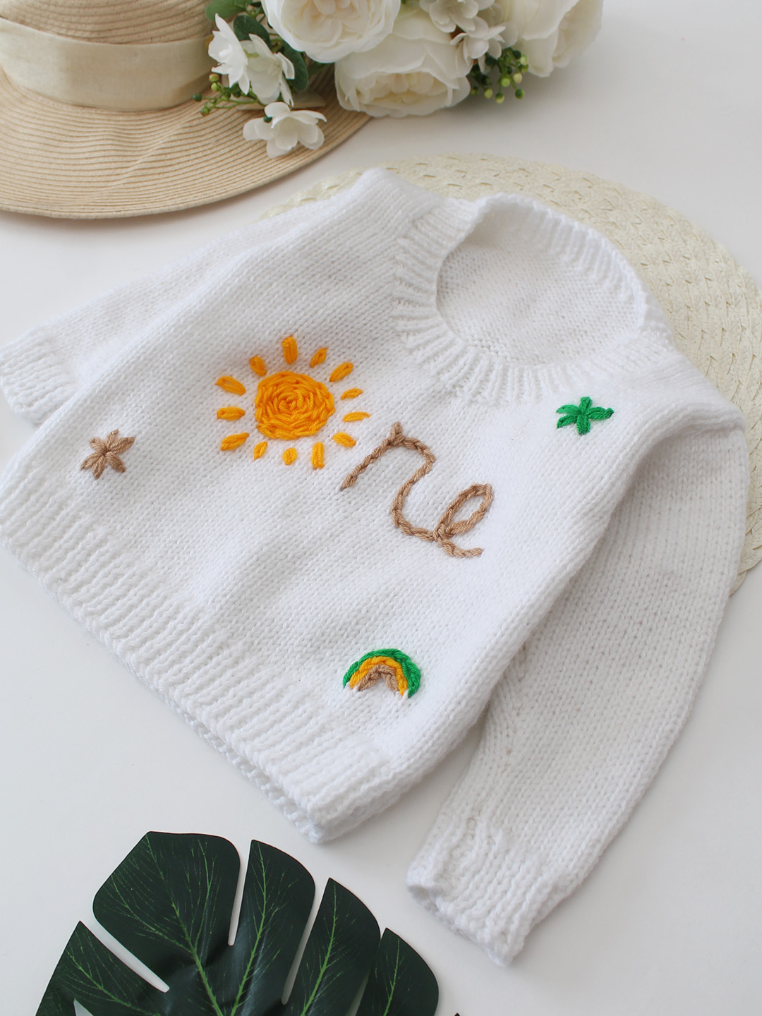 Woonie Handknitted One text Embroidered Sweater - Cream