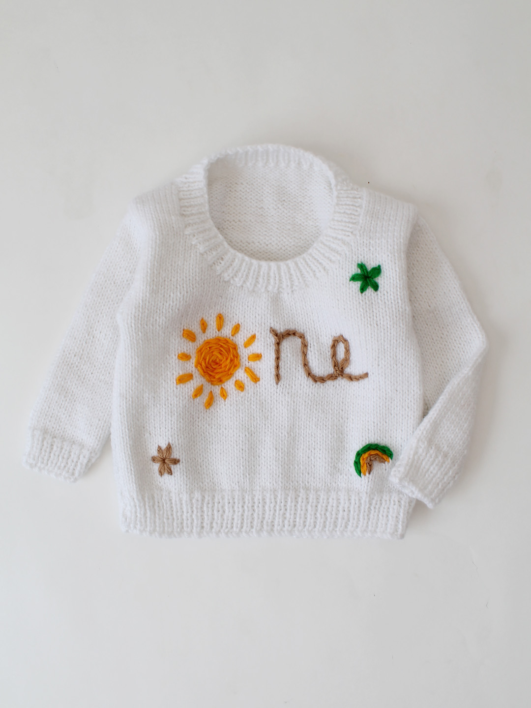 Woonie Handknitted One text Embroidered Sweater - Cream