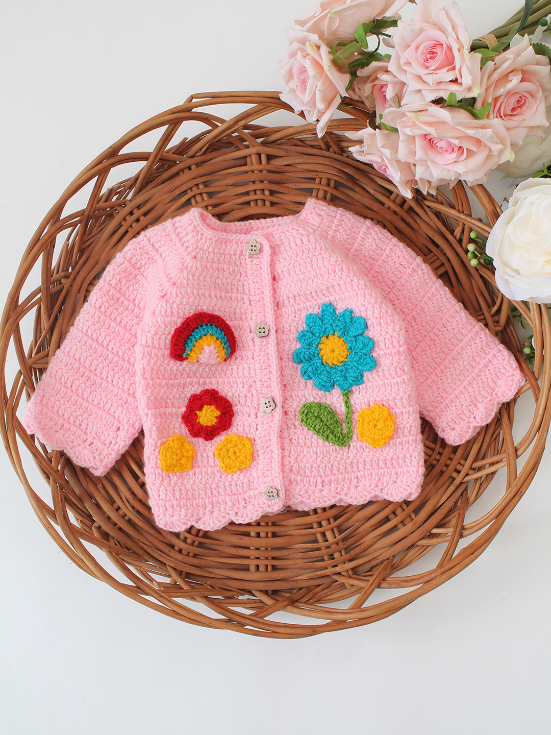 Woonie Crochet Garden Applique Cardigan - Pink