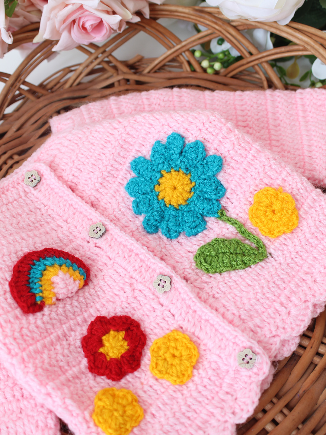 Woonie Crochet Garden Applique Cardigan - Pink