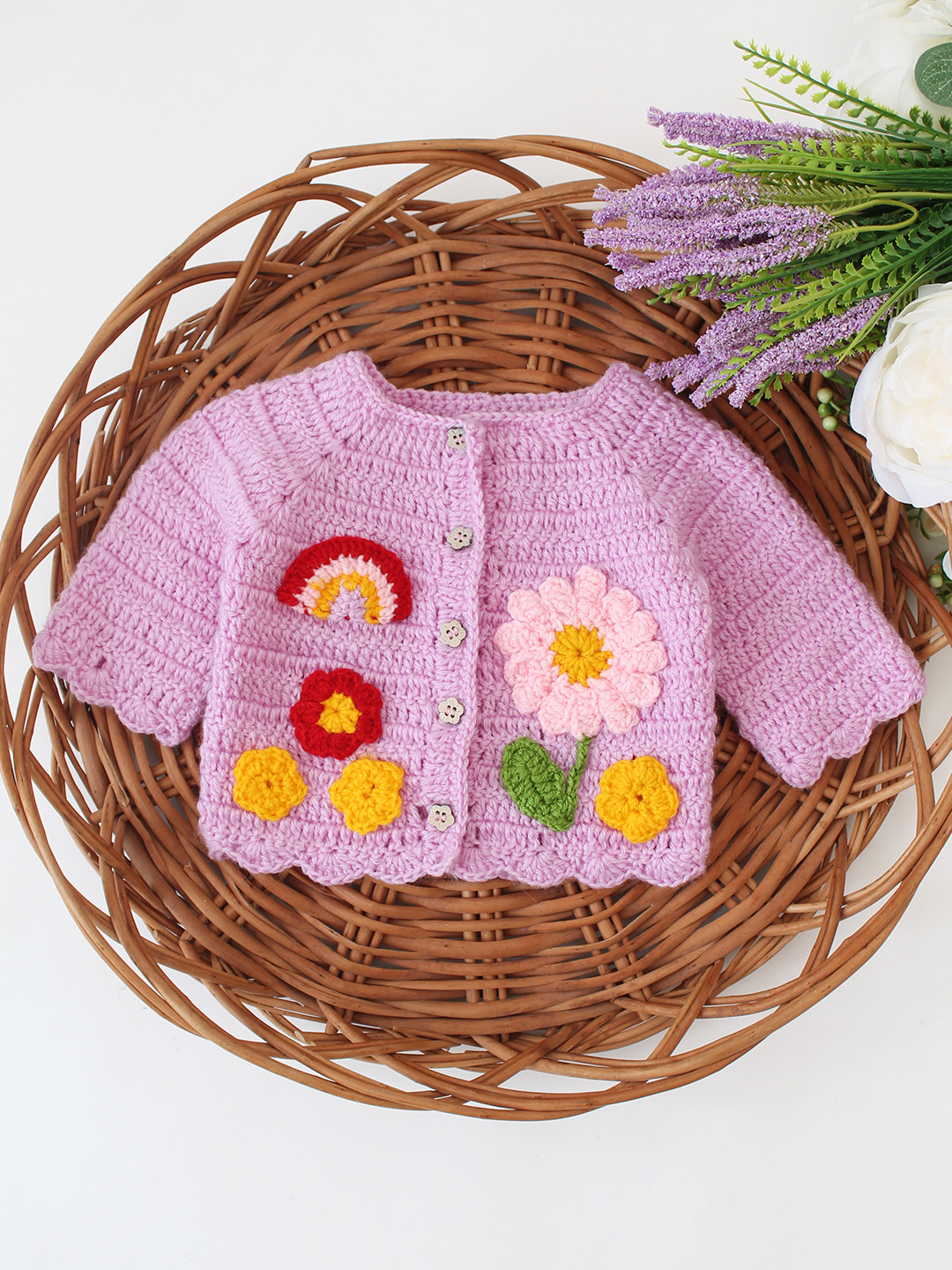 Woonie Crochet Garden Applique Cardigan - Lavender