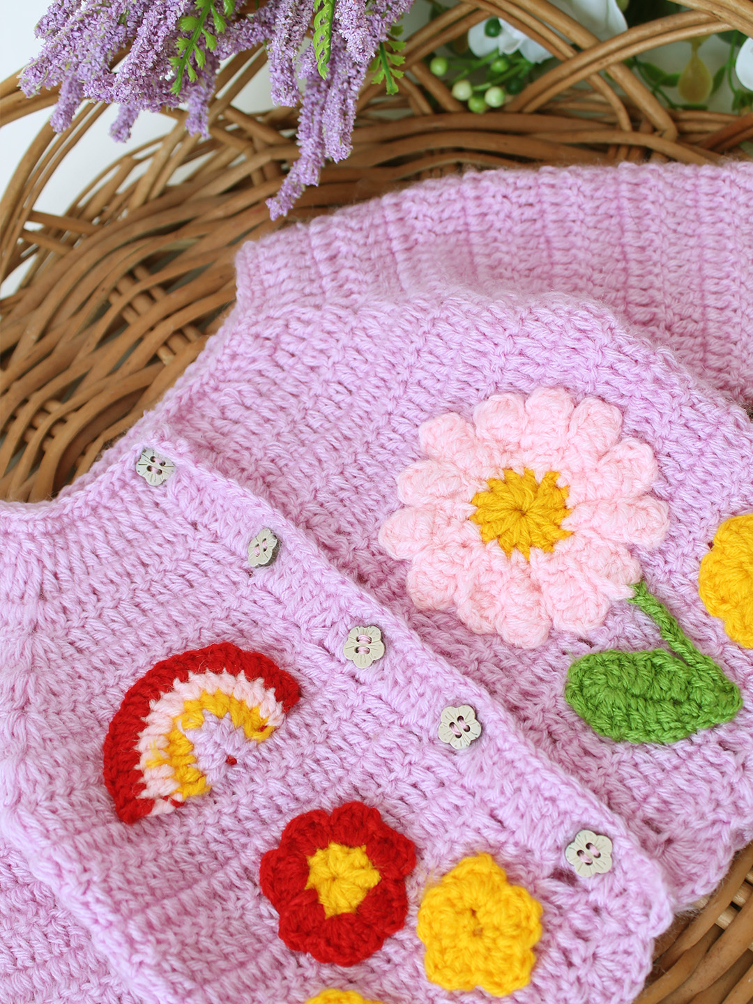 Woonie Crochet Garden Applique Cardigan - Lavender