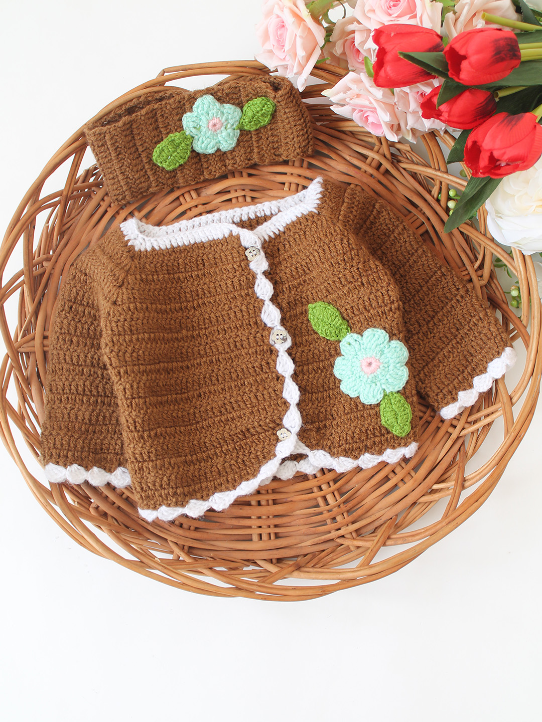 Woonie Crochet Floral Applique Cardigan - Brown