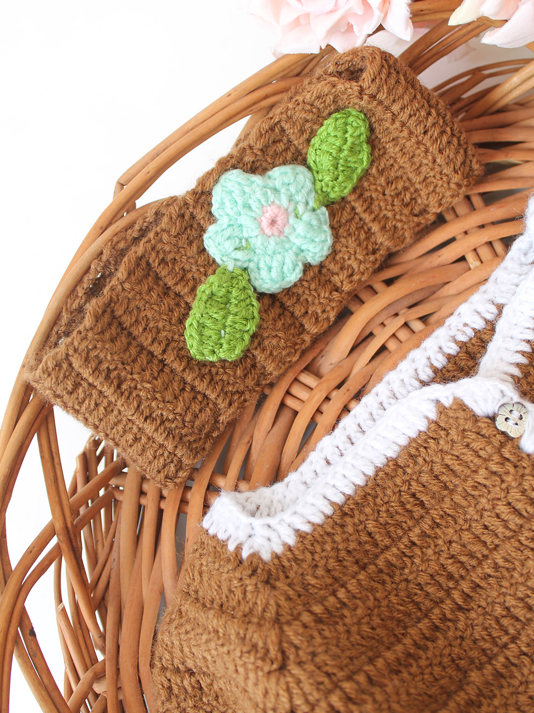 Woonie Crochet Floral Applique Cardigan - Brown