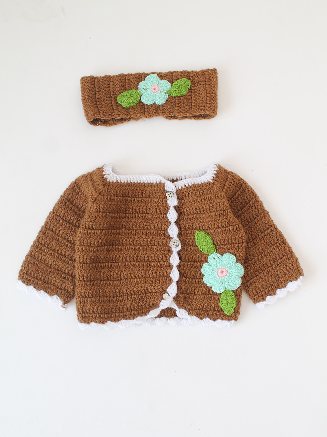 Woonie Crochet Floral Applique Cardigan - Brown