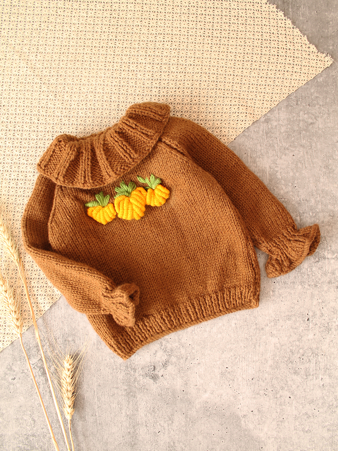 Woonie Handknitted Pumpkin Embroidered Sweater - Brown