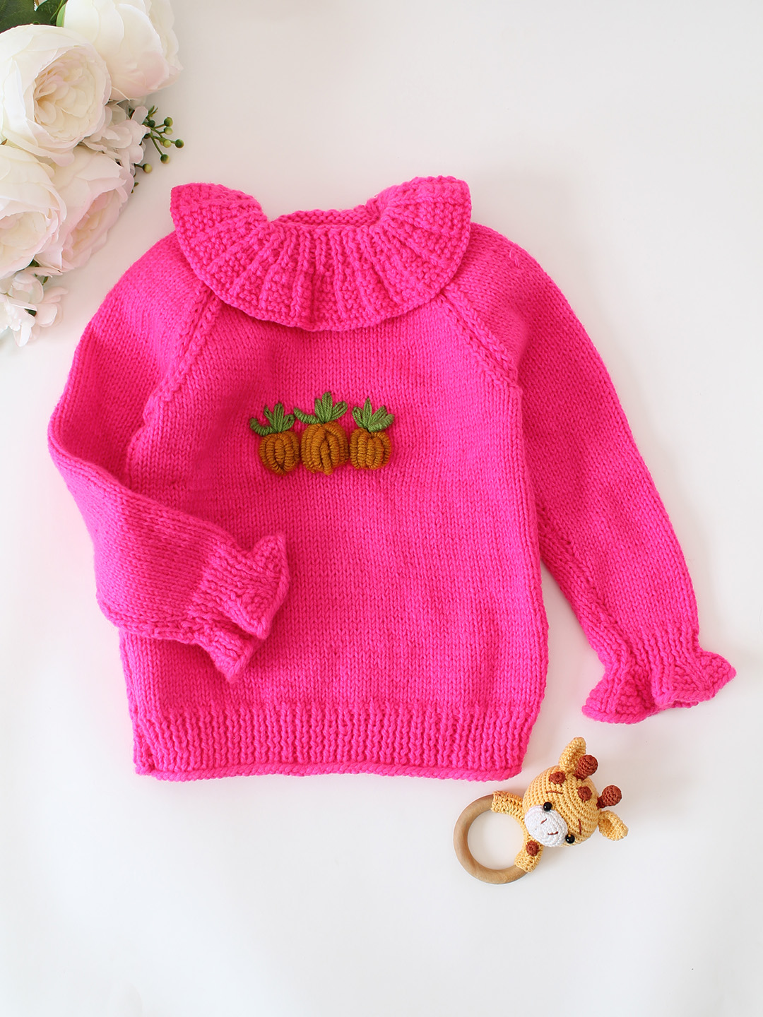 Woonie Handknitted Pumpkin Embroidered Sweater - Pink