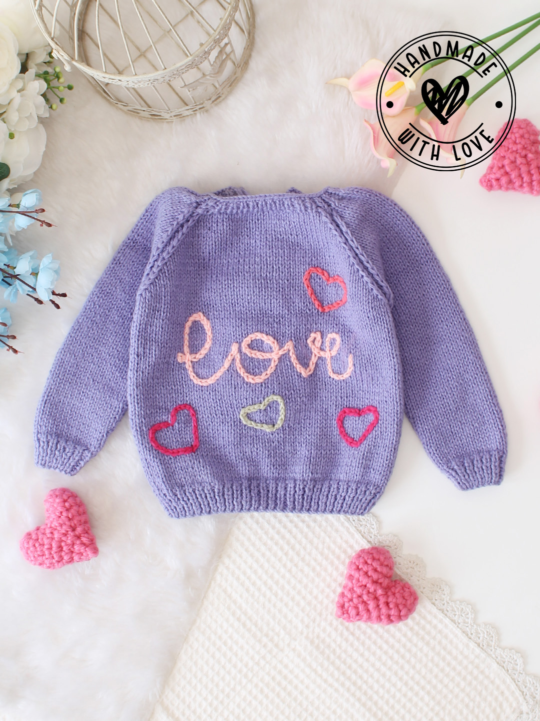 Woonie Handknitted Love Embroidered Pullover - Lavender