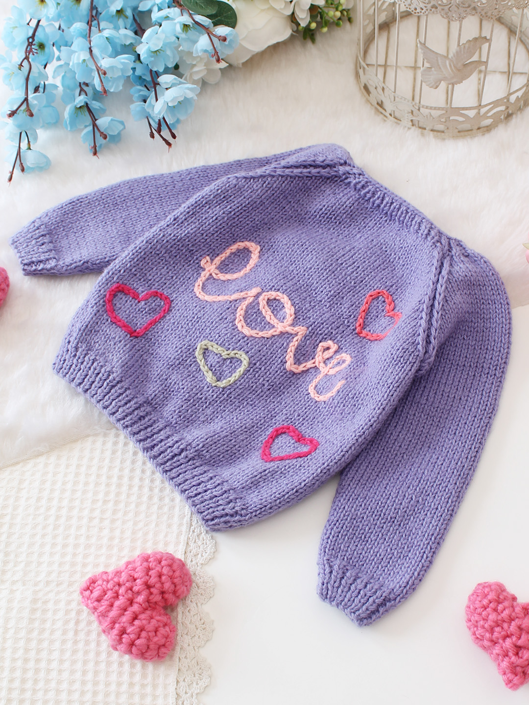 Woonie Handknitted Love Embroidered Pullover - Lavender