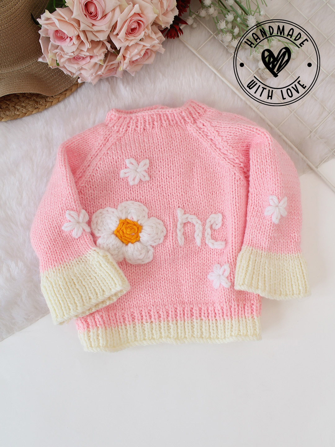 Woonie Handknitted One Text Embroidered Pullover - Pink