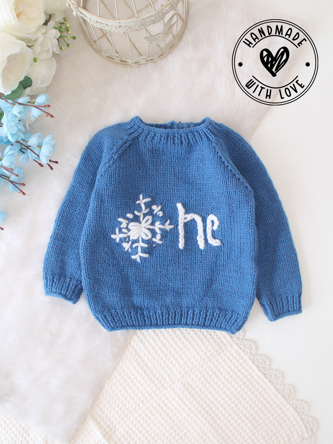 Woonie Handknitted One Text Embroidered Pullover - Blue