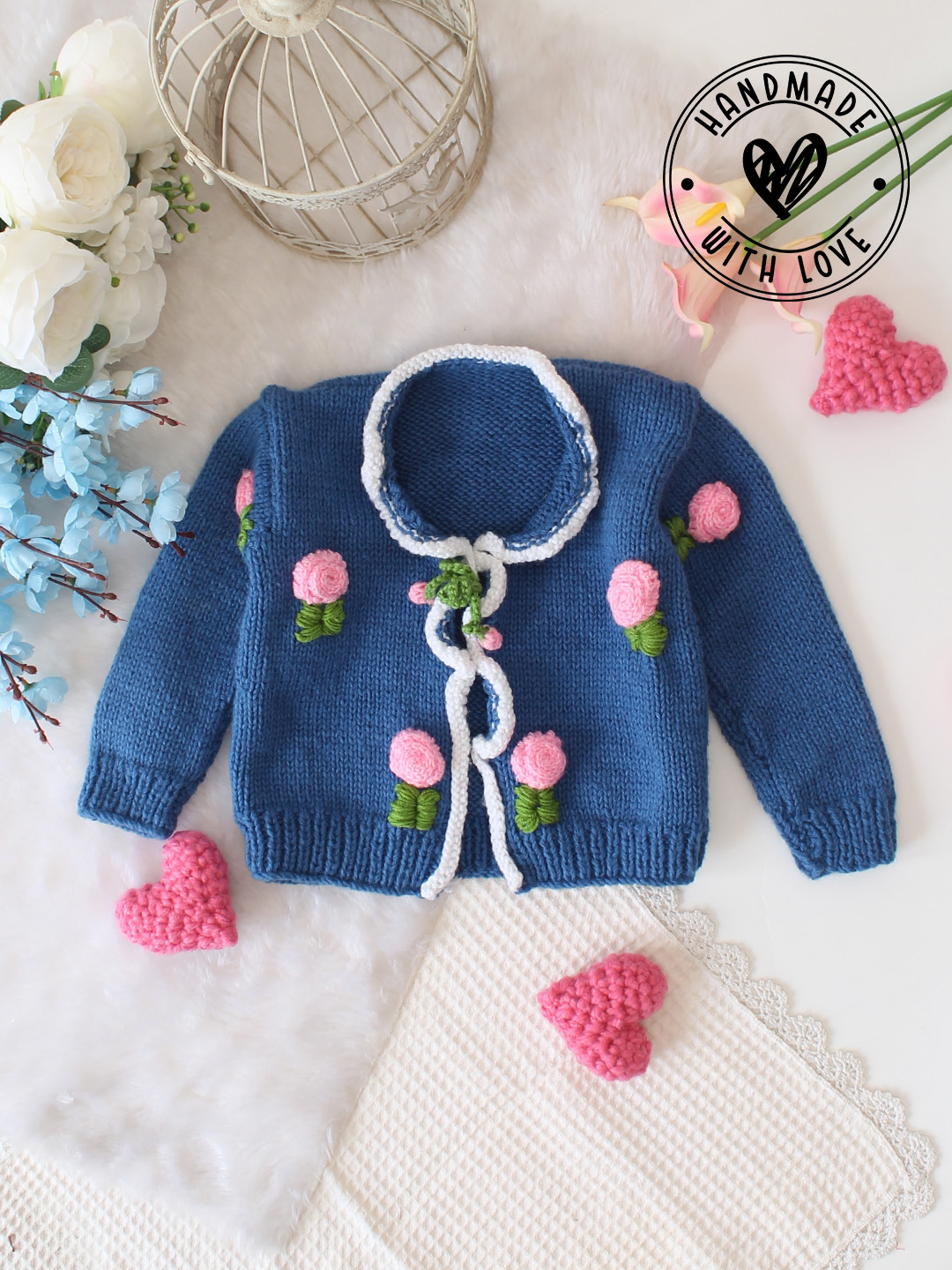 Woonie Handknitted Tie- Up Front Cardigan - Blue