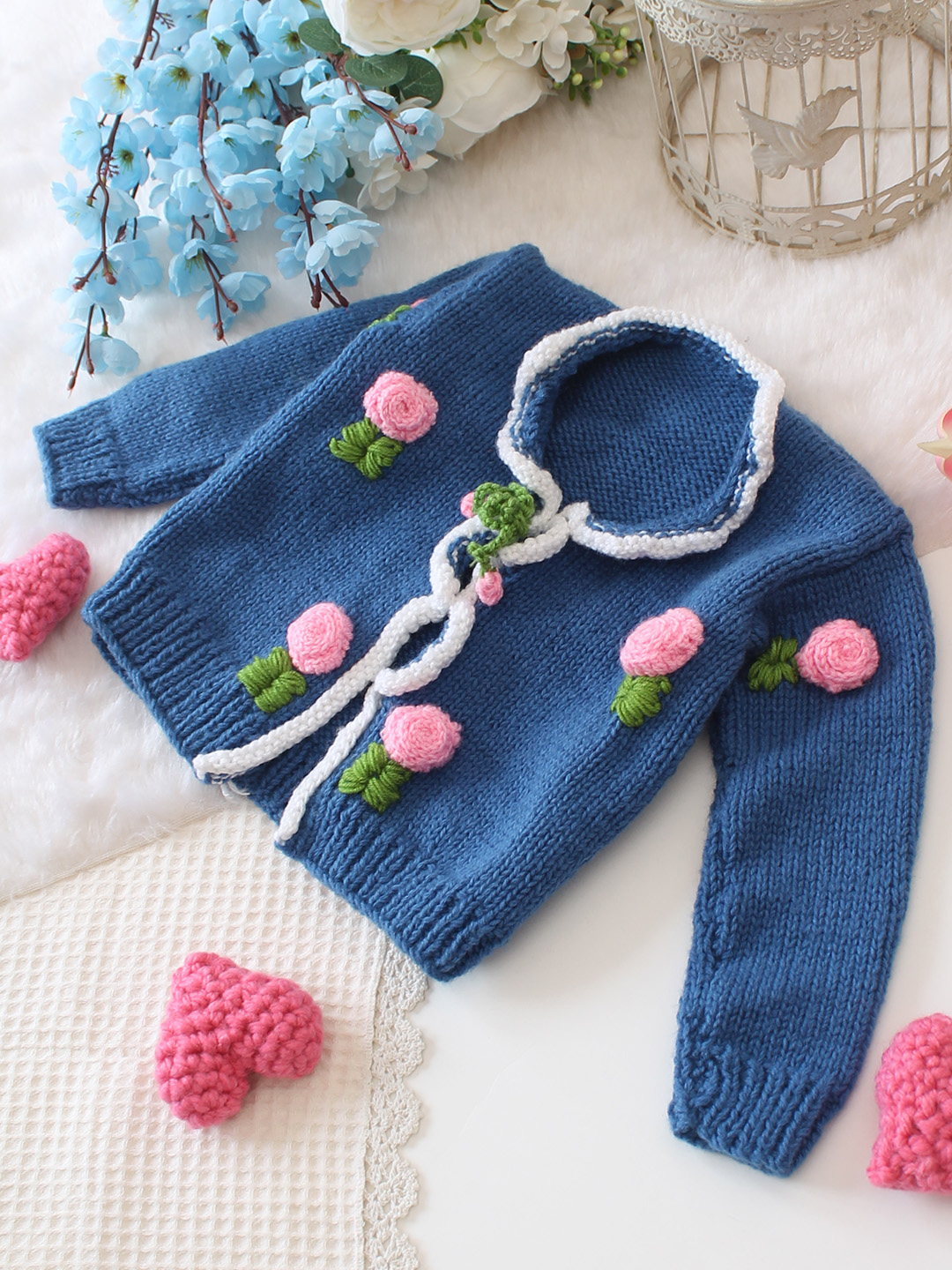 Woonie Handknitted Tie- Up Front Cardigan - Blue