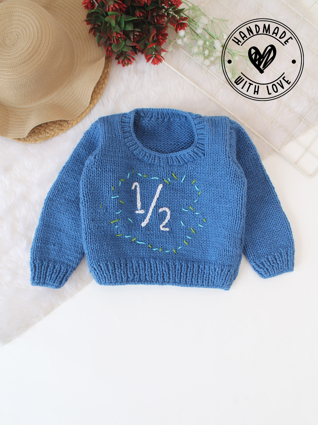 Woonie Handknitted Half Text Embroidered Pullover - Blue