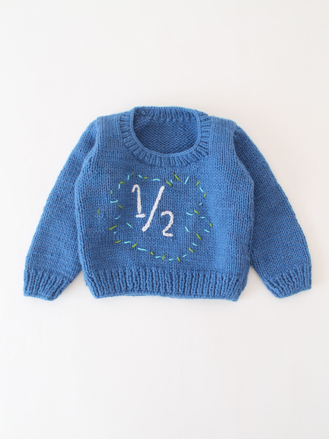 Woonie Handknitted Half Text Embroidered Pullover - Blue