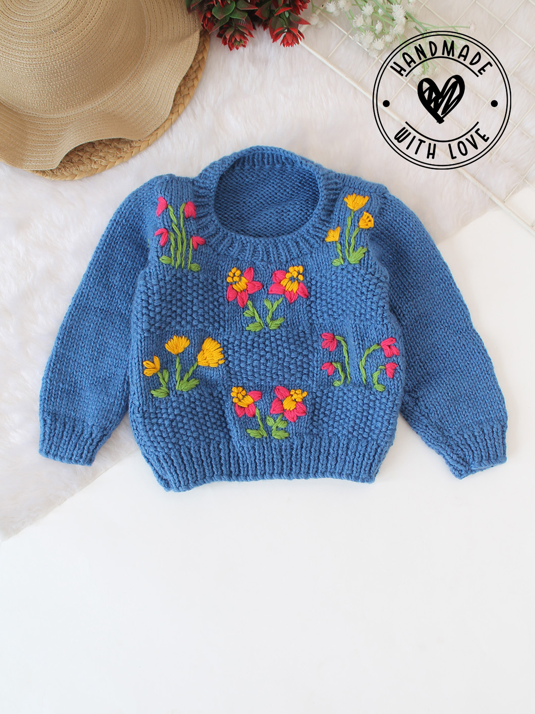 Woonie Handknitted Floral Embroidered Sweater - Blue