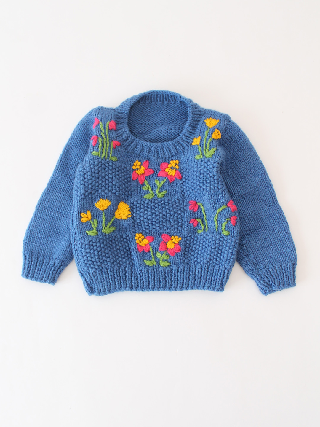 Woonie Handknitted Floral Embroidered Sweater - Blue