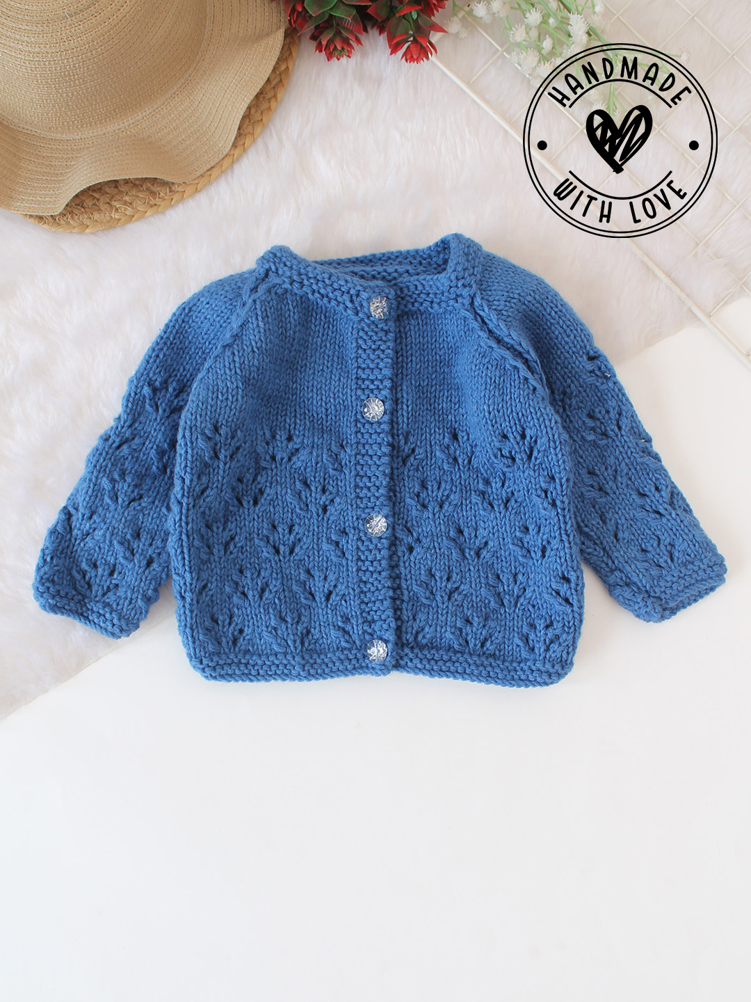 Woonie Handknitted Self Design Cardigan - Blue