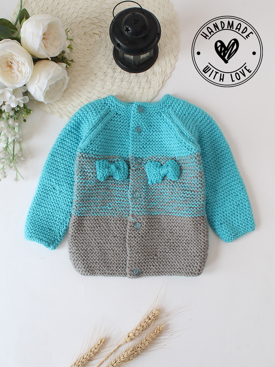 Woonie Handknitted Garter Stitch Bow Sweater - Blue
